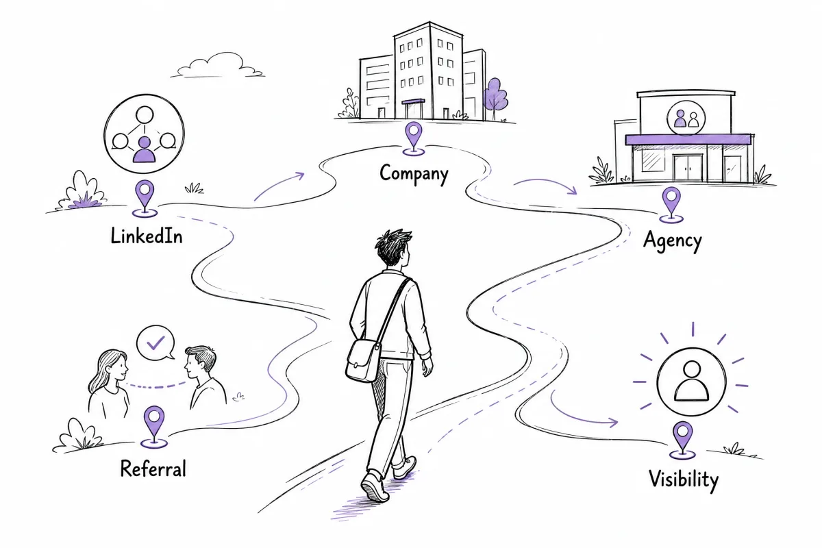 Job seeker exploring recruiter search paths through LinkedIn, companies, agencies, referrals, and profile visibility