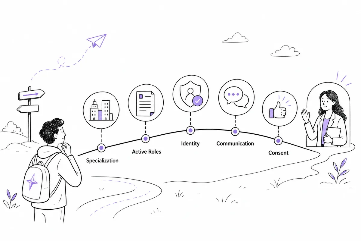 Recruiter fit evaluation based on specialization, active roles, identity, communication, and submission consent