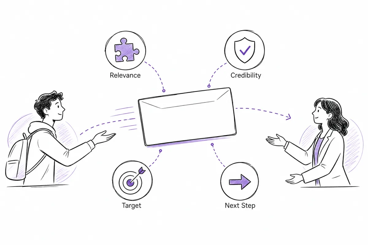 Tailored recruiter outreach message organized around relevance, credibility, target role, and next step