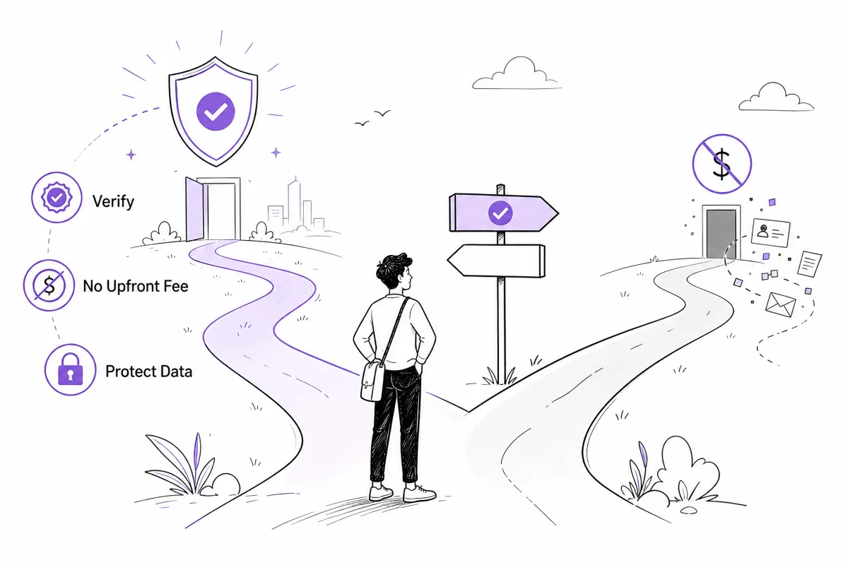 Job seeker verifying a recruiter, avoiding upfront fees, and protecting personal information
