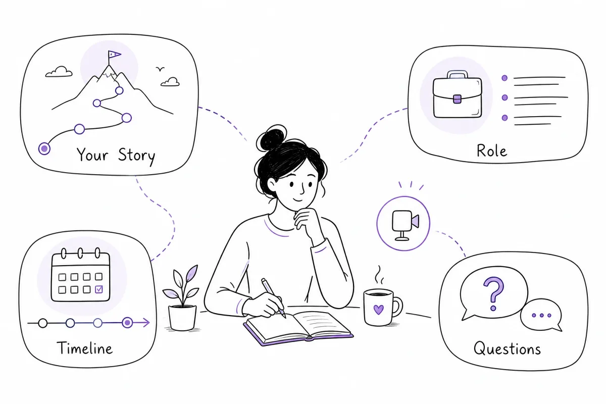 Job seeker preparing a recruiter screen around career story, target role, timeline, and questions