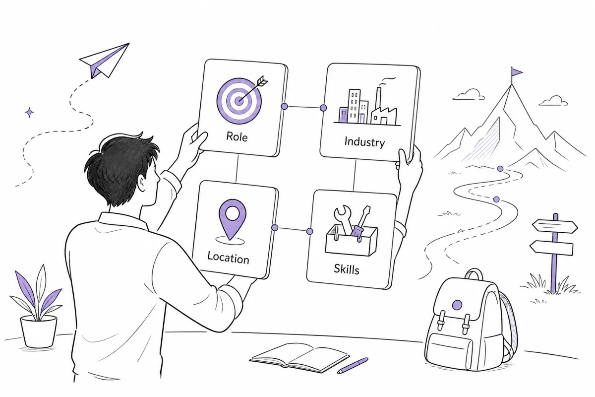 Job seeker preparing a recruiter search brief with role, industry, location, and skills
