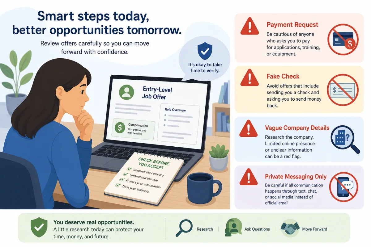 Job seeker checking warning signs of entry-level job scams before accepting an offer
