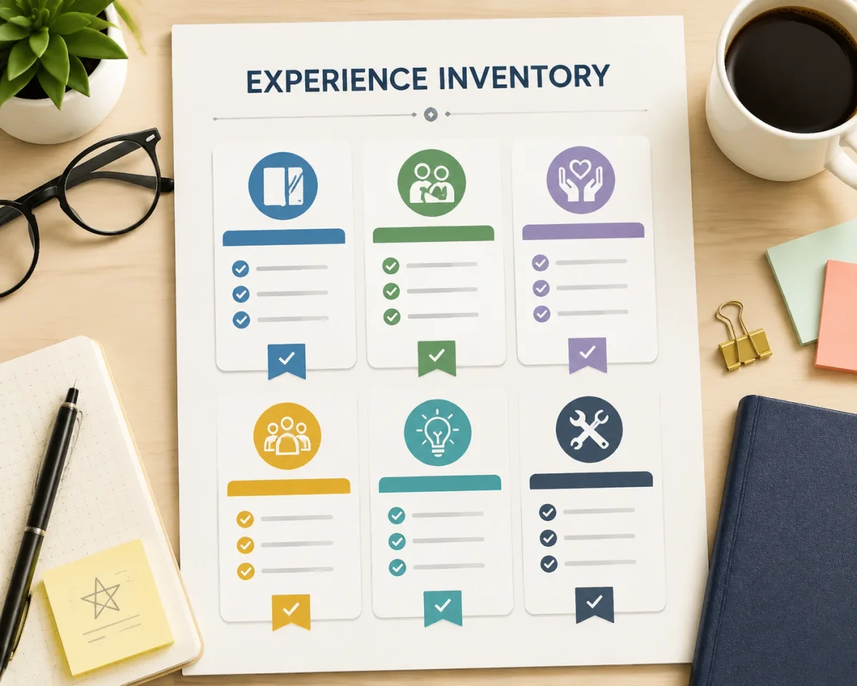 Experience inventory worksheet with school, volunteer, project, and caregiving examples