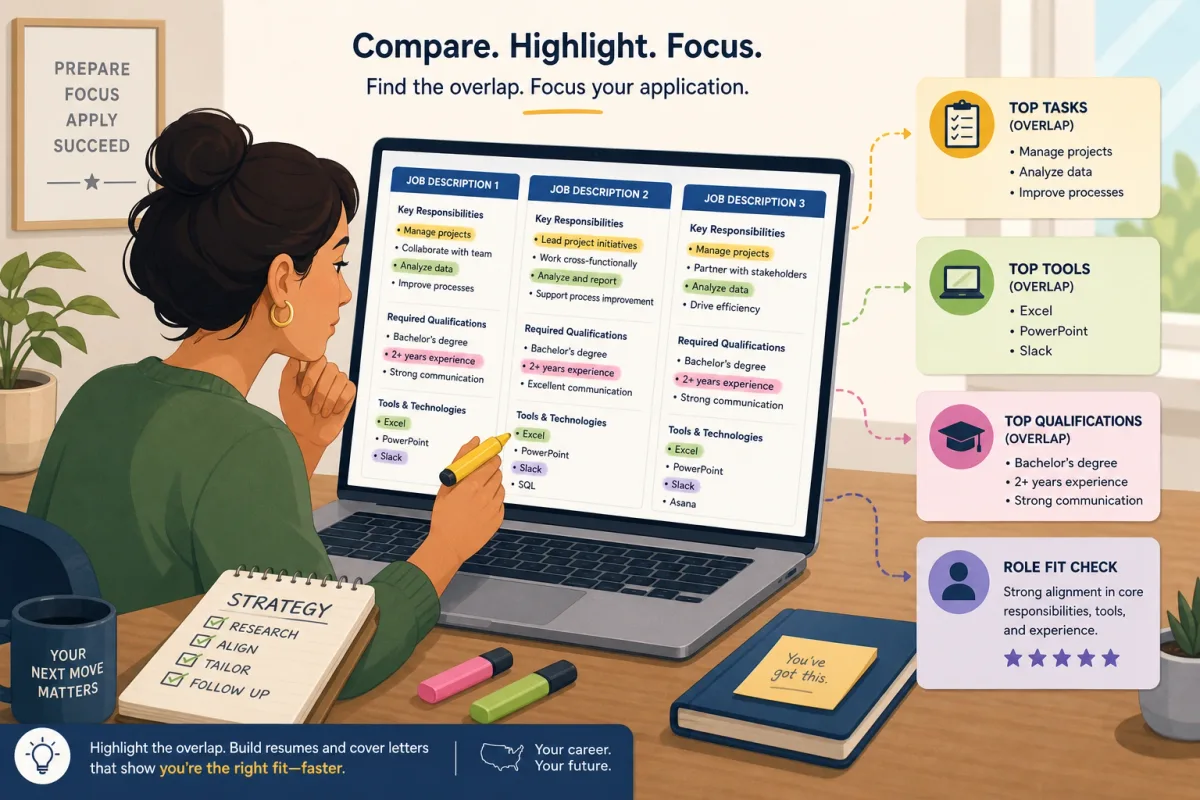 Job seeker comparing job descriptions to choose a realistic target role