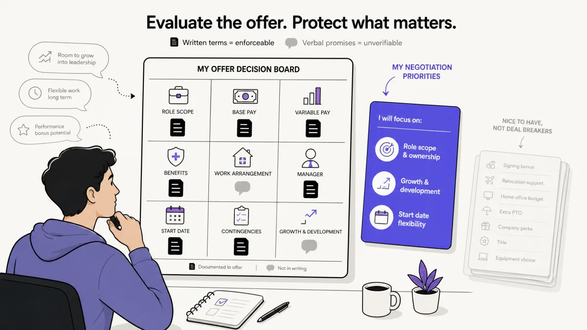 Candidate evaluating job offer terms and negotiating only the highest-priority items