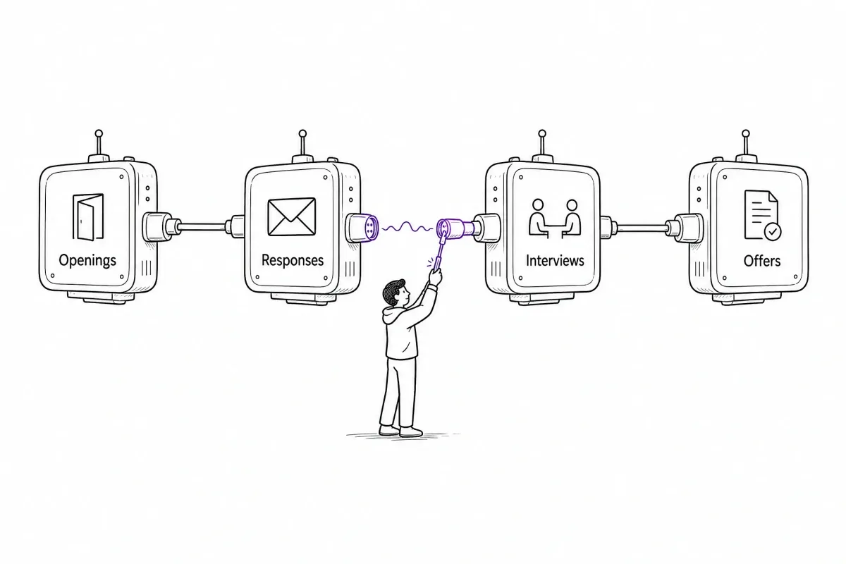 Applicant repairing one weak connection between internship openings, responses, interviews, and offers.