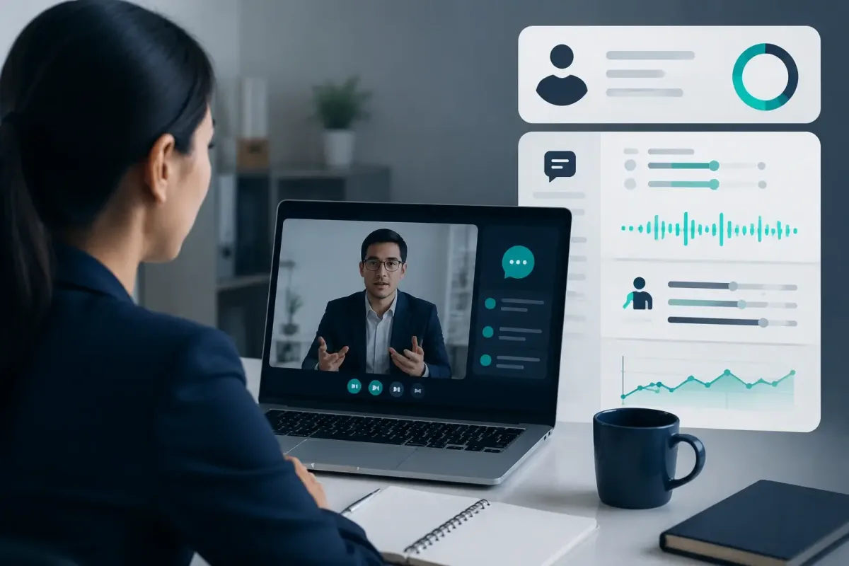 Candidate using an AI mock interview to practice answers and review feedback