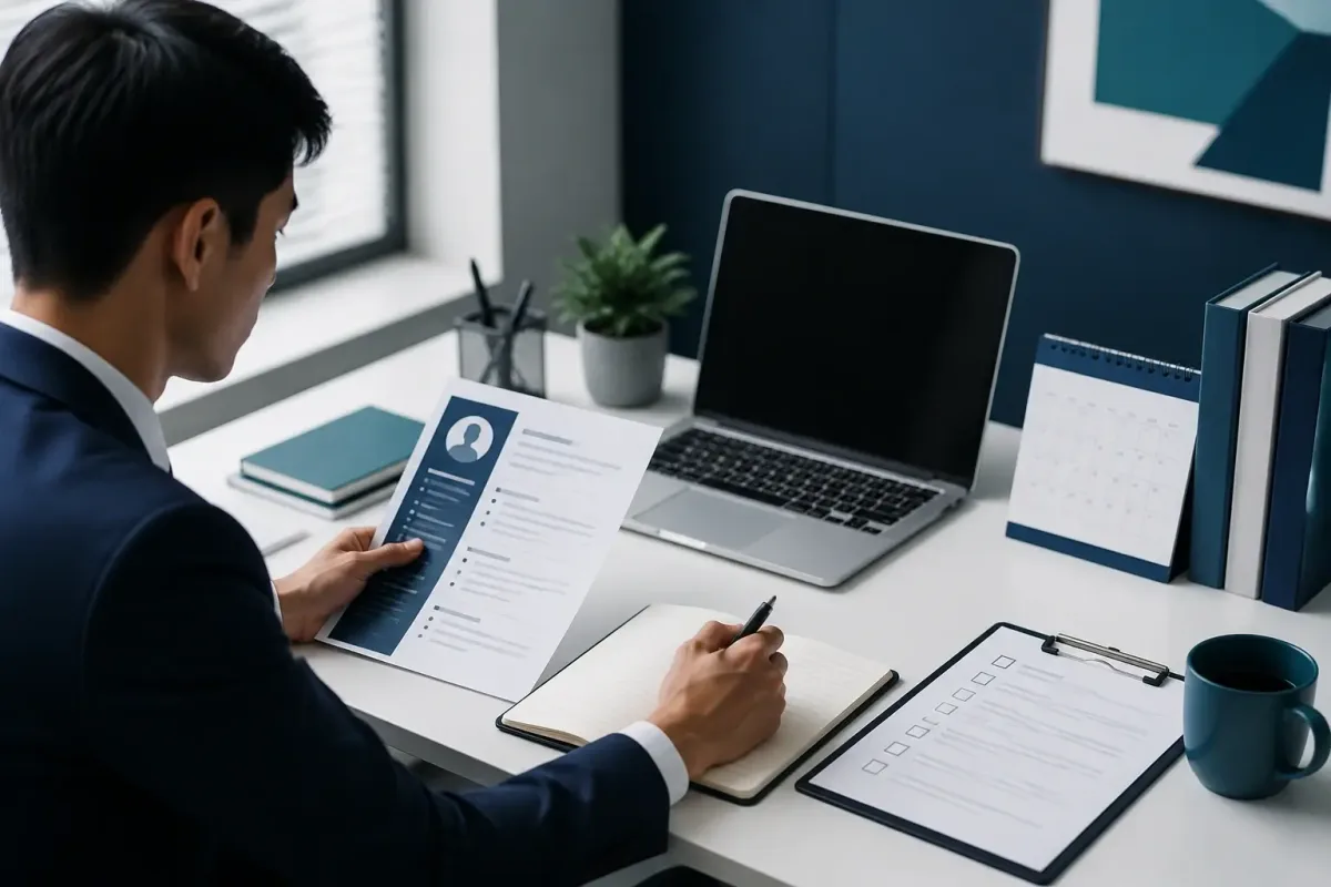 Candidate preparing for a job interview with a resume, laptop and planning checklist