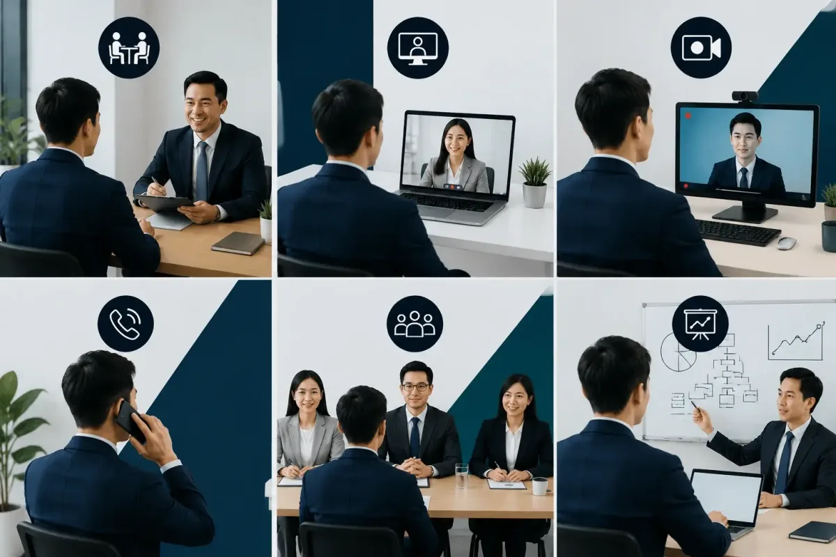 Common job interview formats including in-person, video, phone, panel and technical interviews