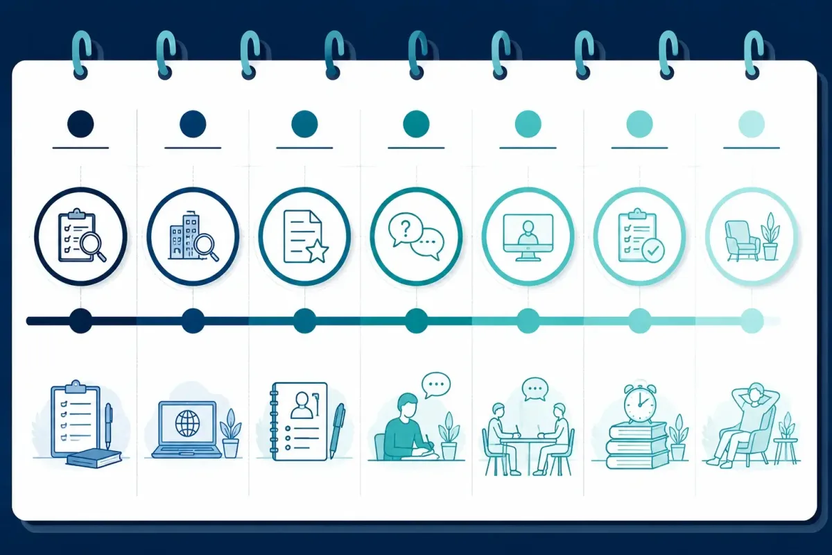 Seven-day job interview preparation timeline from research to final review