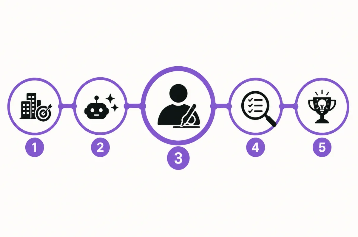 Five-phase AI Ownership Framework showing business context, AI contribution, human ownership, verification, and outcome