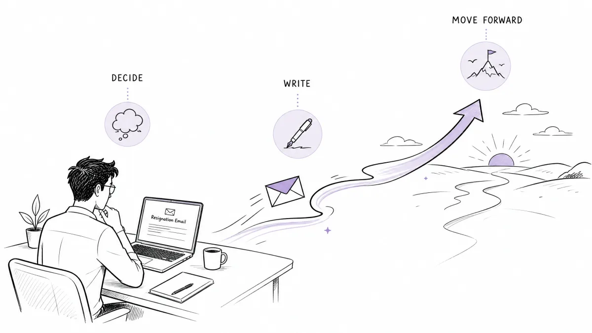 Person writing a resignation email and moving toward career growth