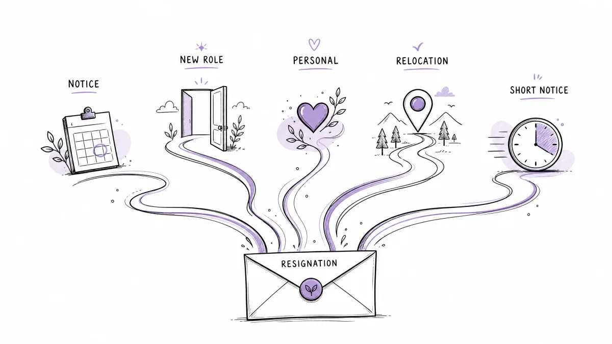 Resignation email templates for notice, new role, personal reasons, relocation, and short notice