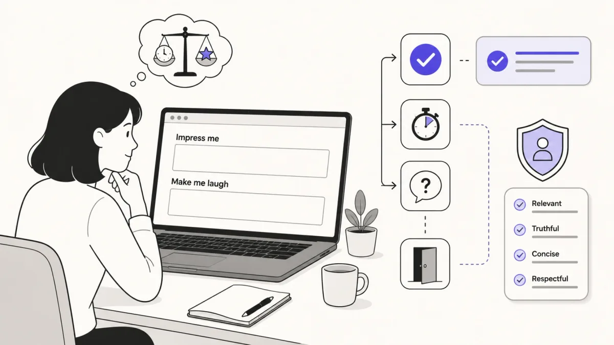 Job applicant deciding how to answer unusual creative application prompts