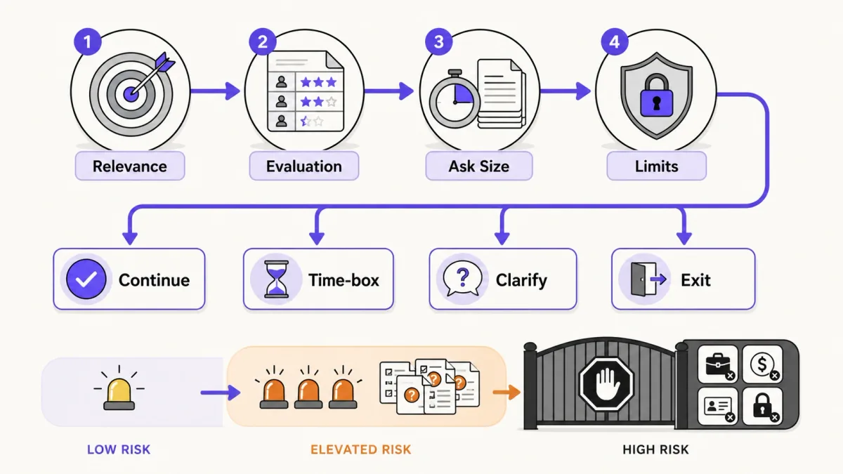 REAL prompt check leading to continue, time-box, clarify, or exit decisions