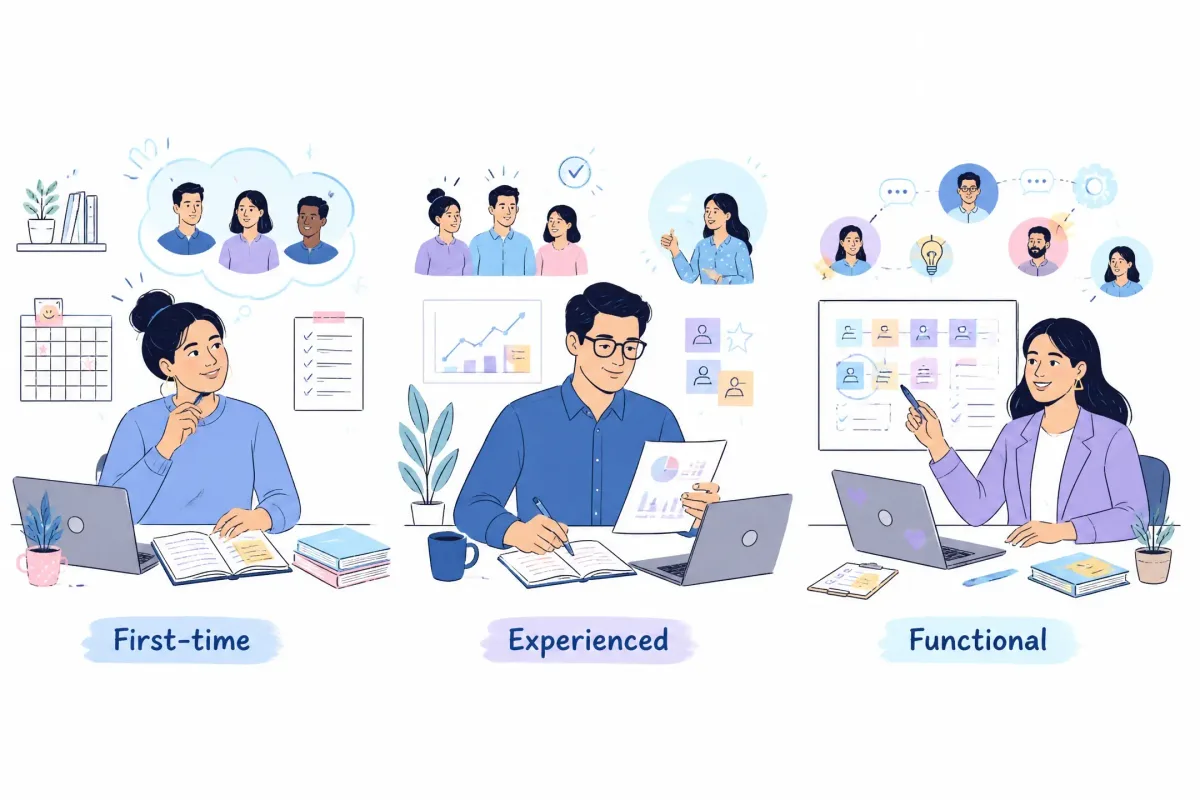 Three manager interview contexts: first-time manager, experienced people manager, and functional or project manager.