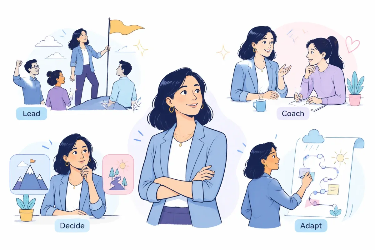 Four core competencies tested in manager interview questions: leading, coaching, deciding, and adapting.
