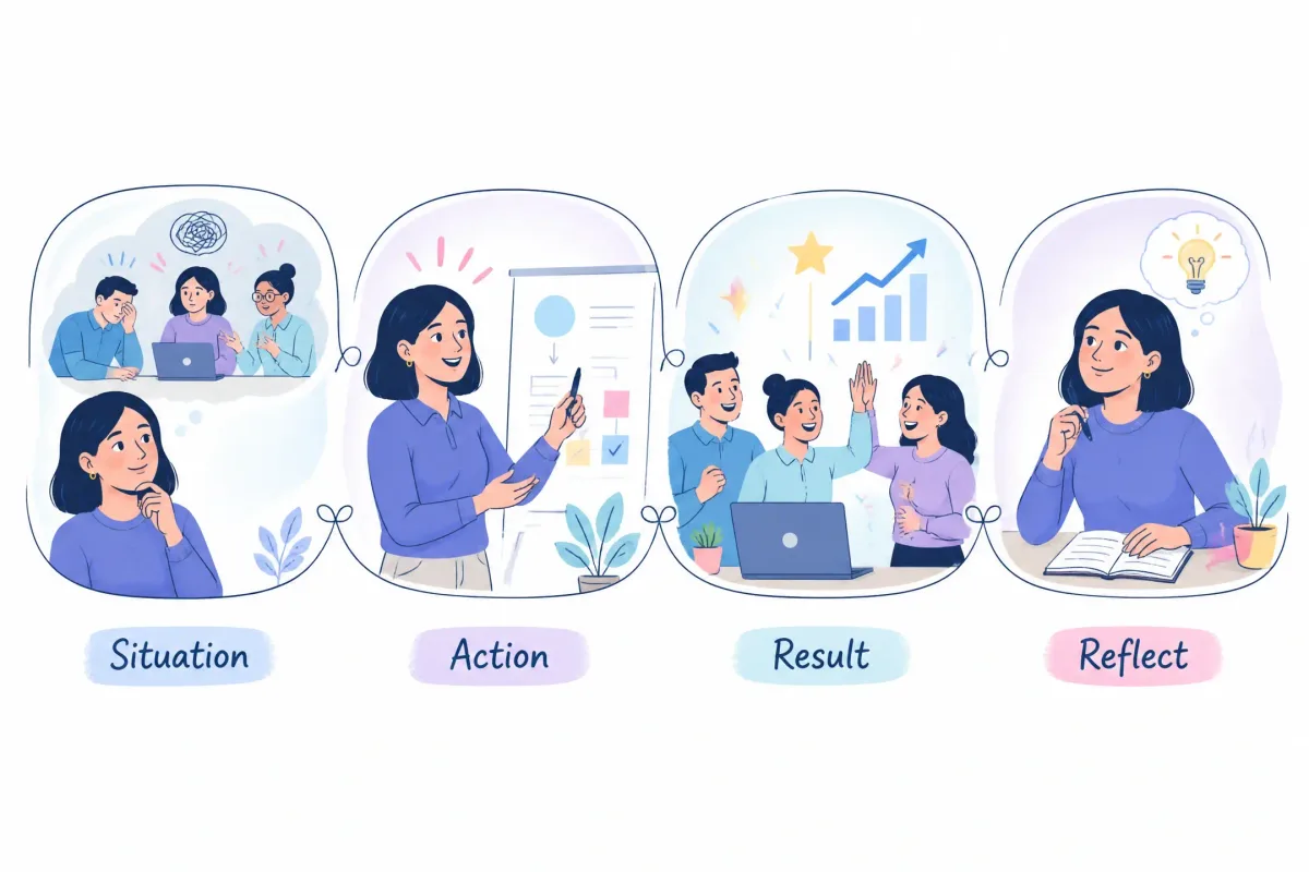 Situation, Action, Result, and Reflection framework for answering behavioral manager interview questions.
