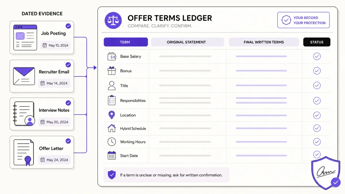 Job offer terms ledger comparing original promises with final written terms