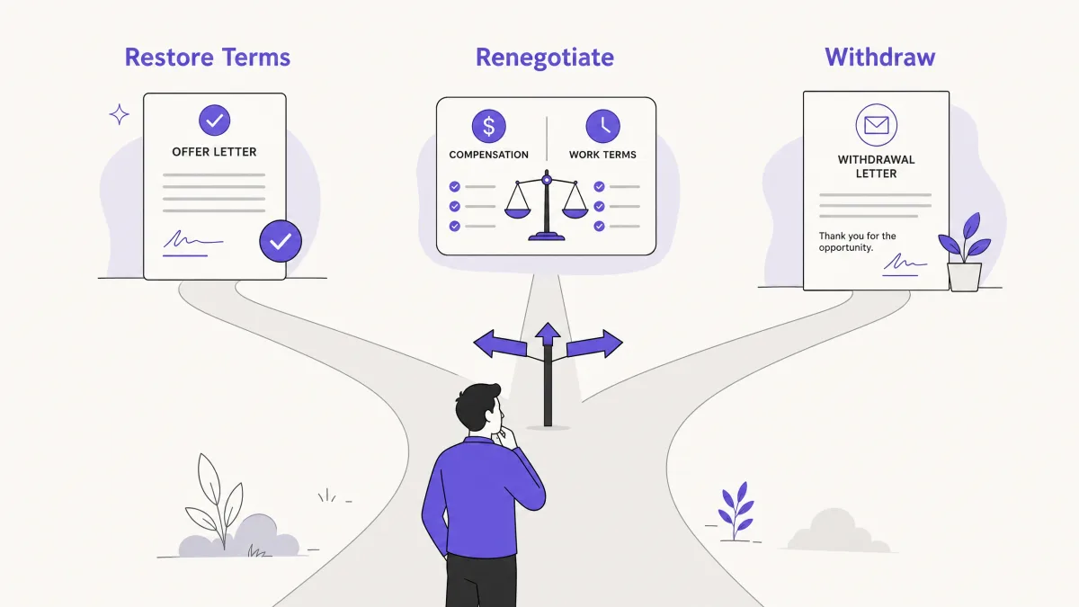 Three response paths for a changed job offer: restore, renegotiate, or withdraw
