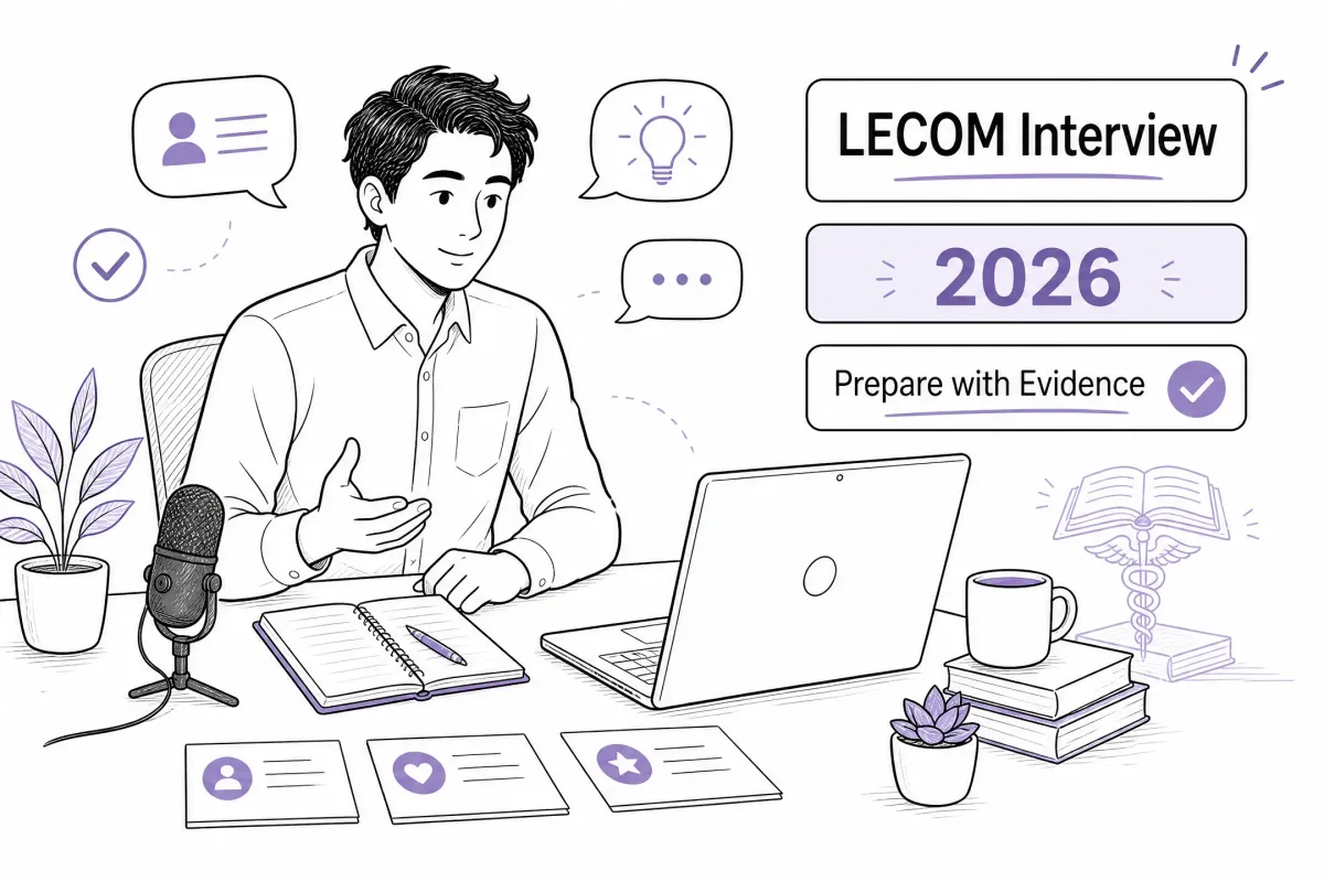 Pre-med applicant preparing for 2026 LECOM interview questions with a laptop and practice notes