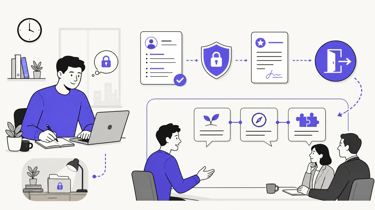 Employee preparing a confidential job search and explaining a pay-alignment transition