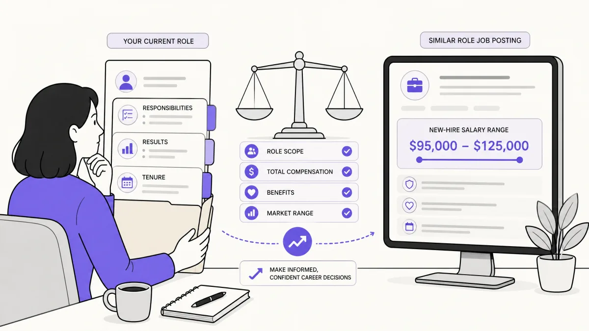 Experienced employee comparing current pay with a new-hire salary range