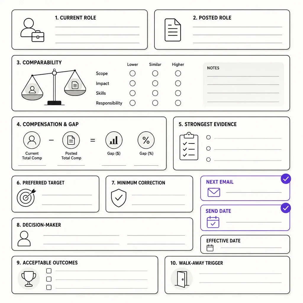 One-page worksheet for comparing role scope, pay gap, evidence, and next action