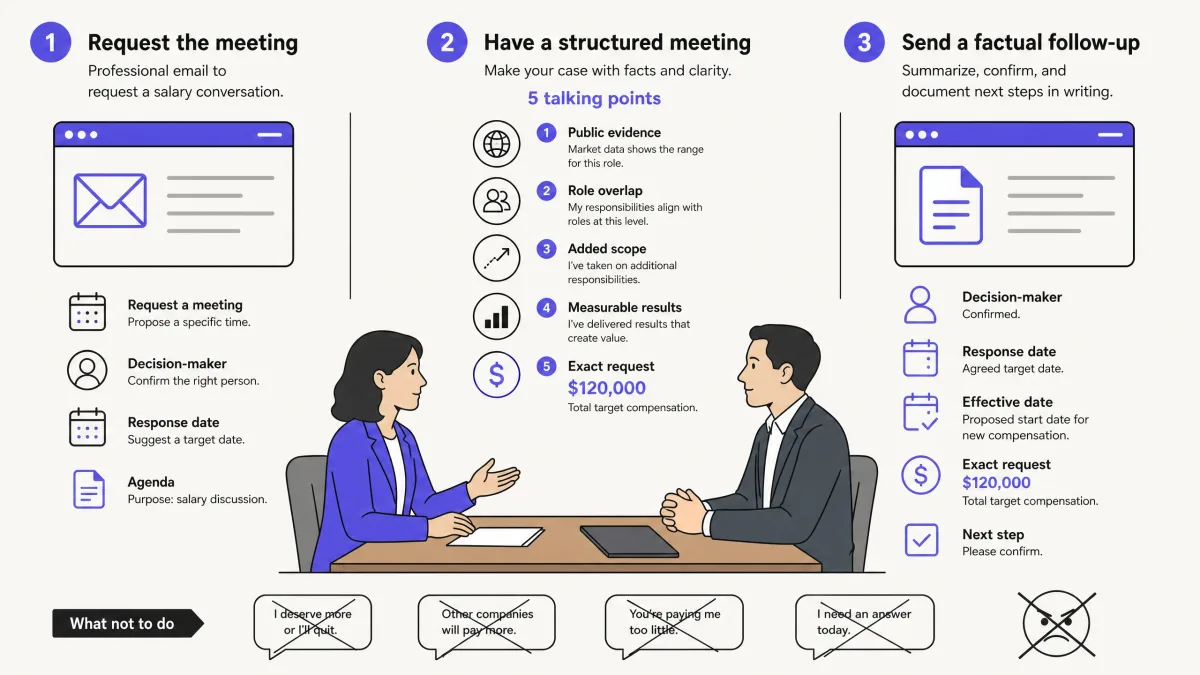 Professional email and meeting sequence for requesting a documented pay correction
