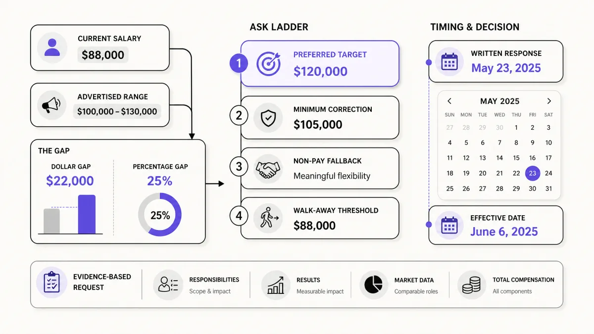 Salary-gap calculation and four-level ask ladder for a defensible pay request