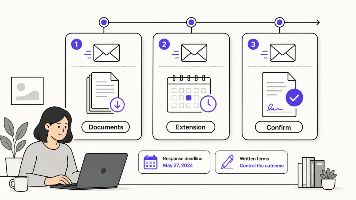 Three concise emails for requesting documents, extending review time, and confirming PIP or severance terms