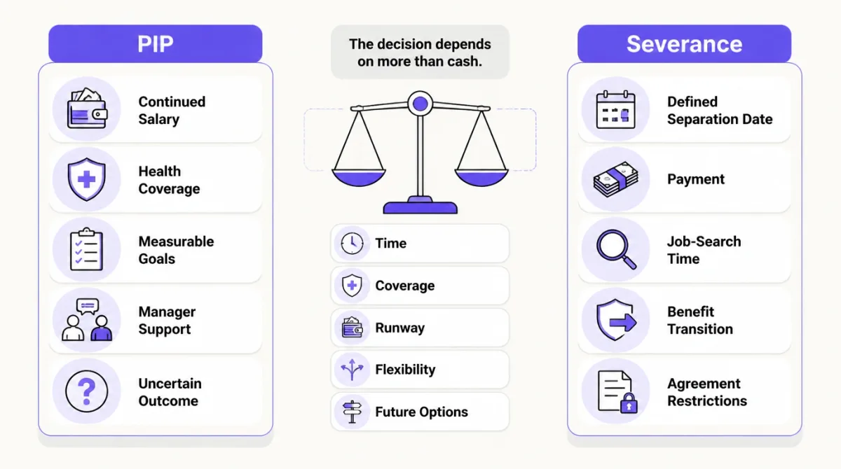 Visual comparison of the financial, employment, benefit, and uncertainty tradeoffs between a PIP and severance