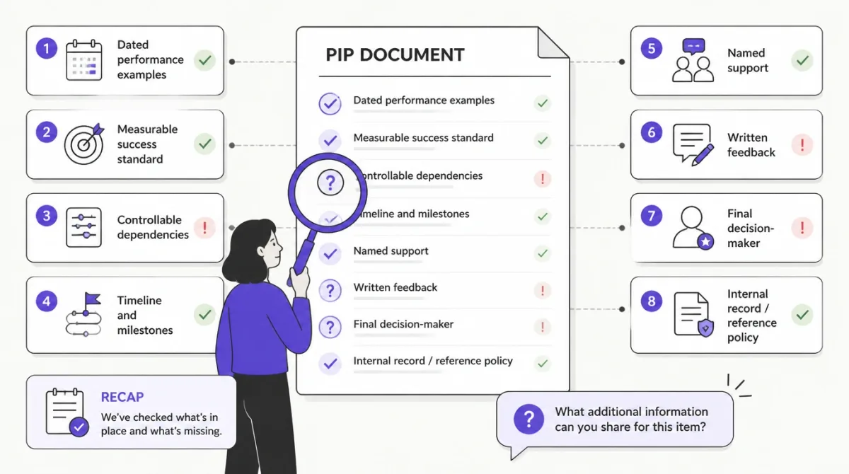 Candidate auditing a written PIP for measurable goals, support, timelines, and decision rules