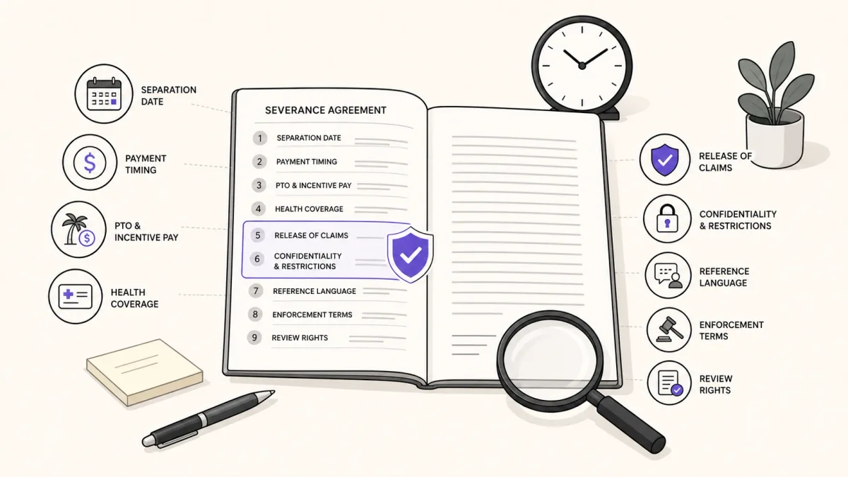 Employee reviewing payment, benefits, release, restrictions, references, and review rights in a severance agreement
