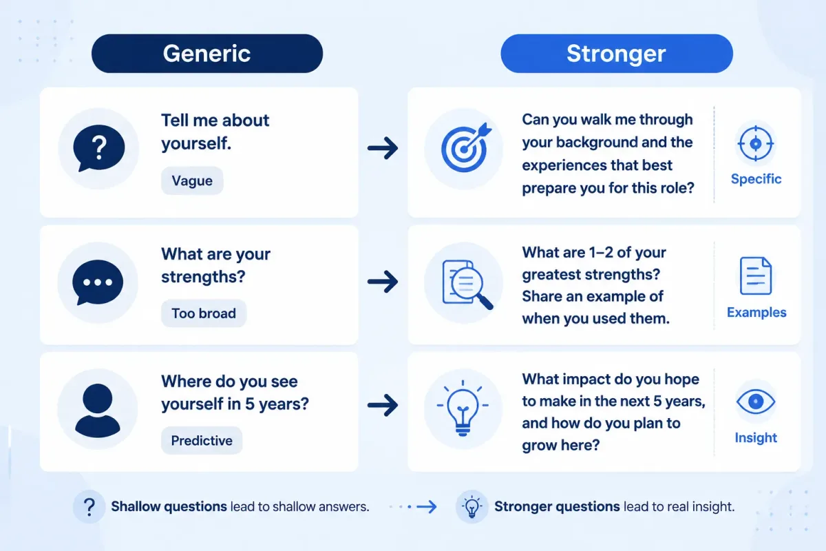 Generic interview questions transformed into stronger specific questions