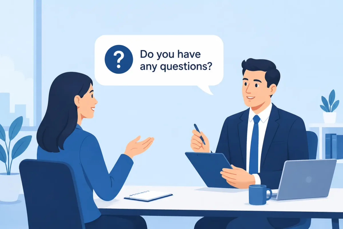 Candidate and interviewer discussing thoughtful questions during a job interview