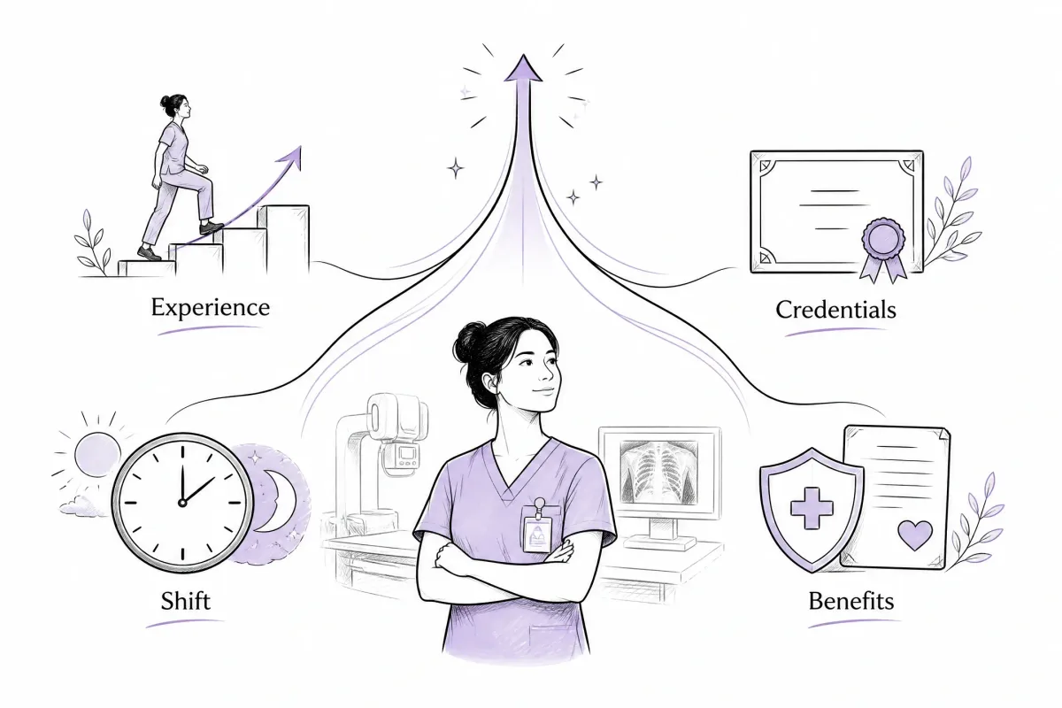 Experience, credentials, work shifts and benefits affecting a rad tech's pay