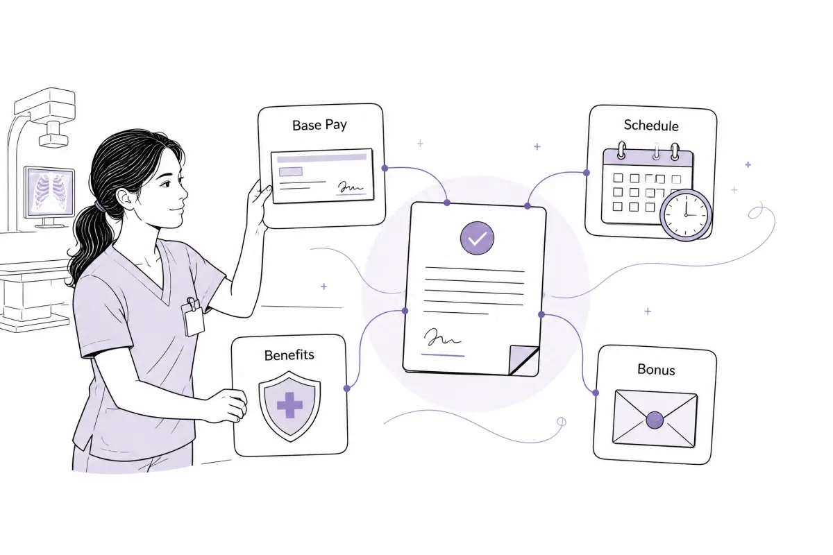 Rad tech comparing base pay, schedule, benefits and bonus as parts of total compensation