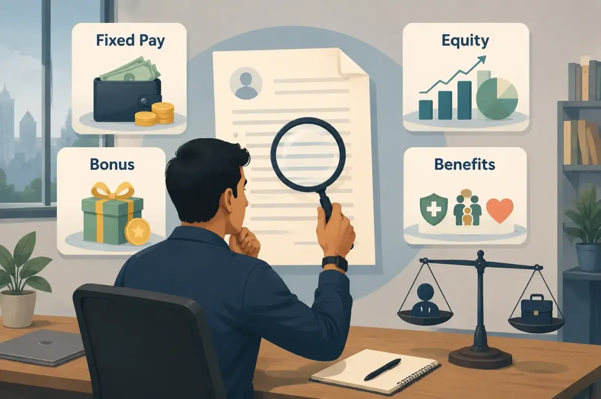 Indian technology job offer broken into fixed pay, bonus, equity and benefits