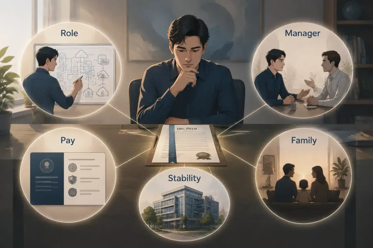 Returning NRI evaluating an India technology offer by role, manager, pay, stability and family fit