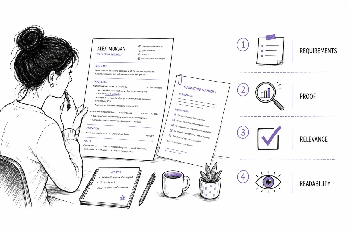Four-question checklist for deciding whether a resume should be one page or two pages