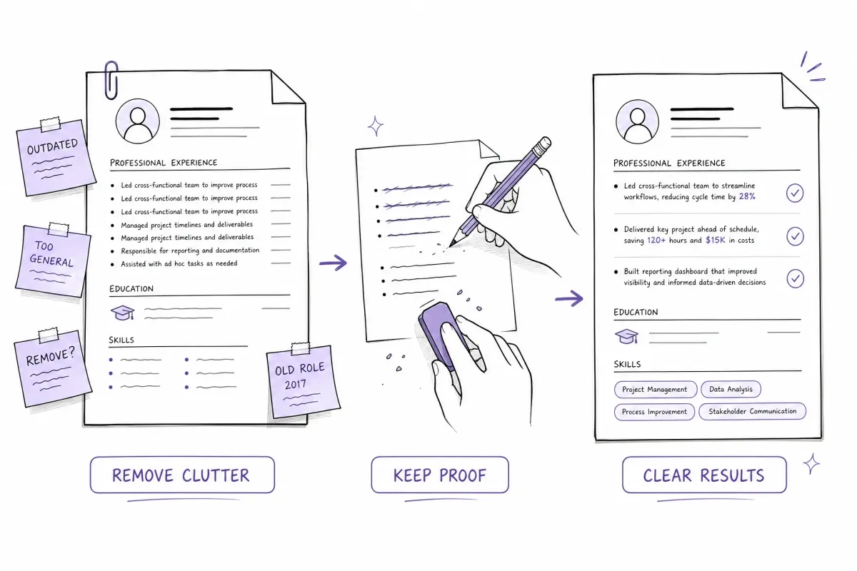 Resume editing process that removes low-value content while preserving proof of impact
