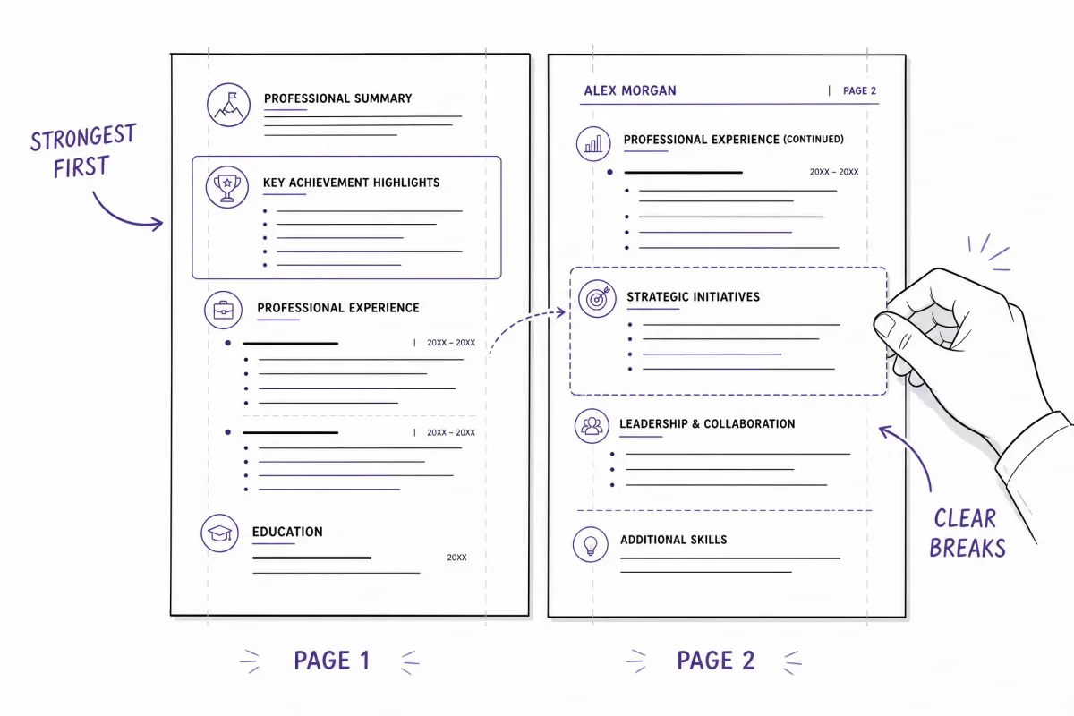 Two-page resume formatting with clear page-one priorities, page numbers, and readable page breaks