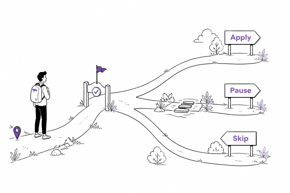 Simple decision path showing when to apply, pause, or skip a job application