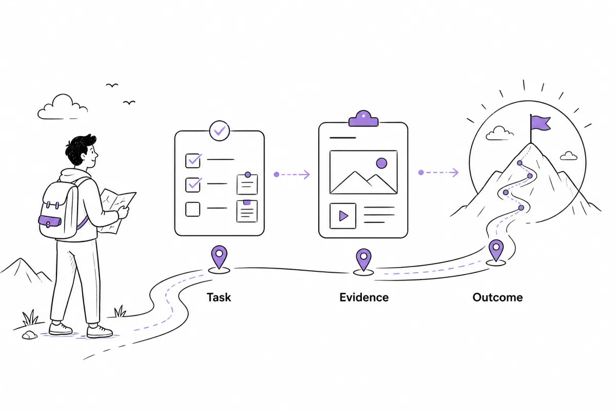 Editorial illustration showing how to connect job tasks with evidence and outcomes in an application