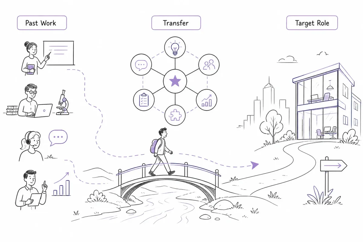 Career-change illustration showing how transferable skills connect past work to a target role