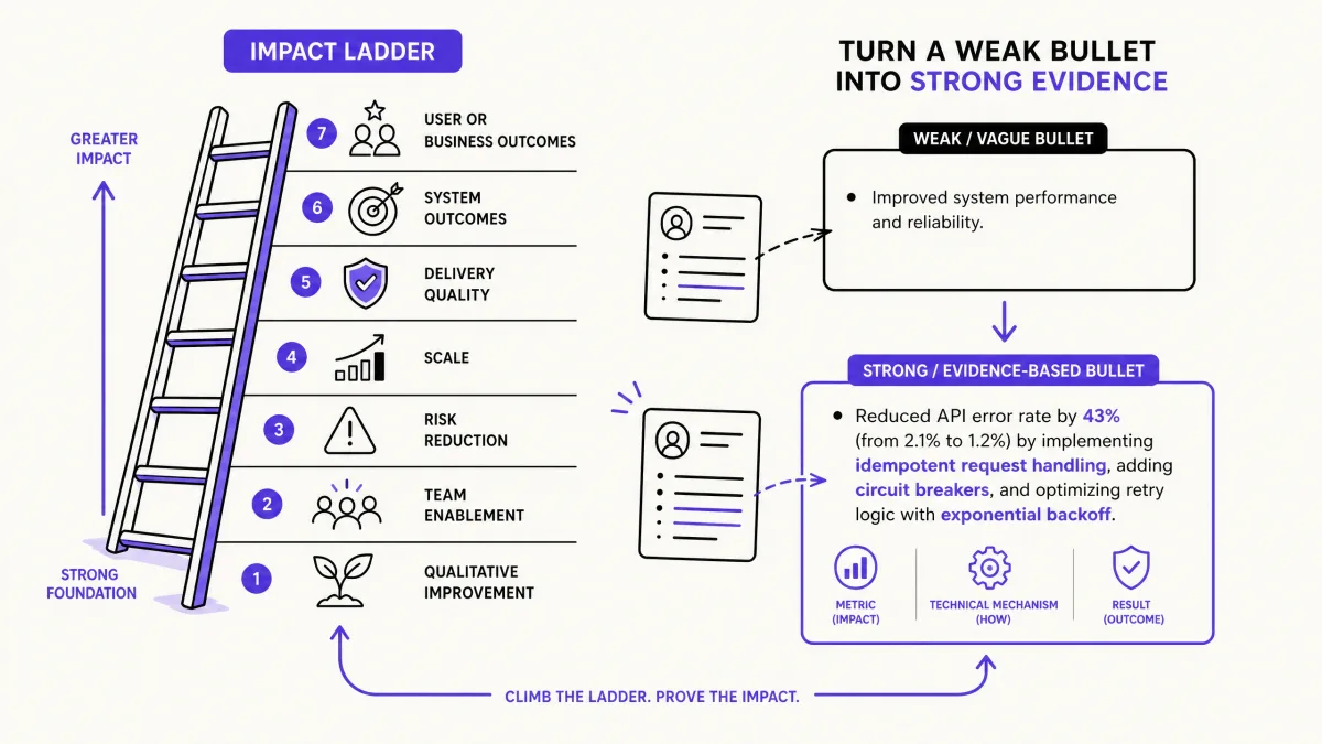 Impact ladder showing how technical work becomes defensible resume evidence