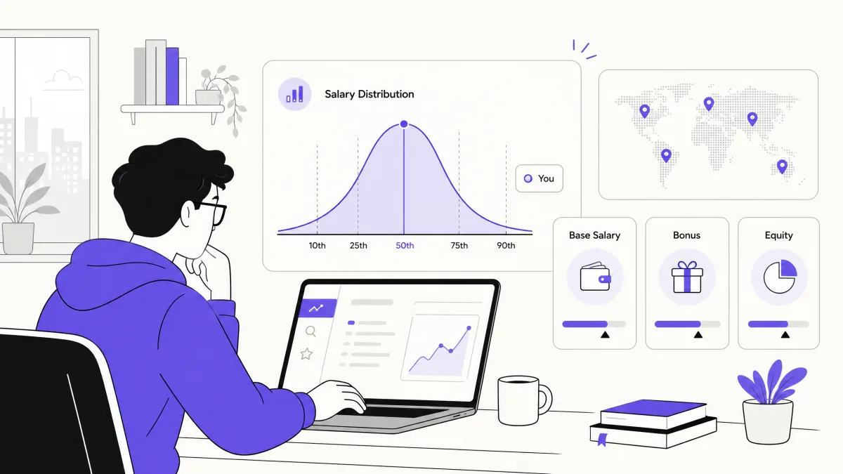 Software engineer comparing salary data by level, location, and total compensation