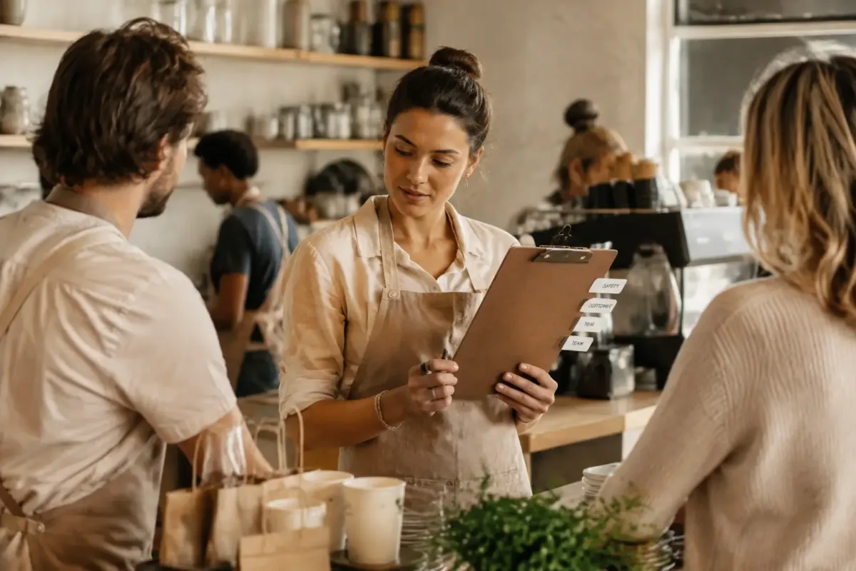 Coffee shop worker prioritizing safety, customer service, timing, and teamwork during a busy shift